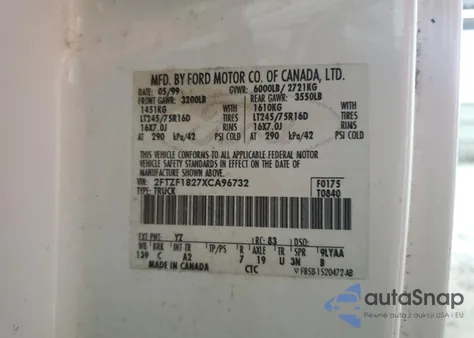 1999 Ford F150 z USA, uszkodzony, nr VIN 2FTZF1827XCA96732